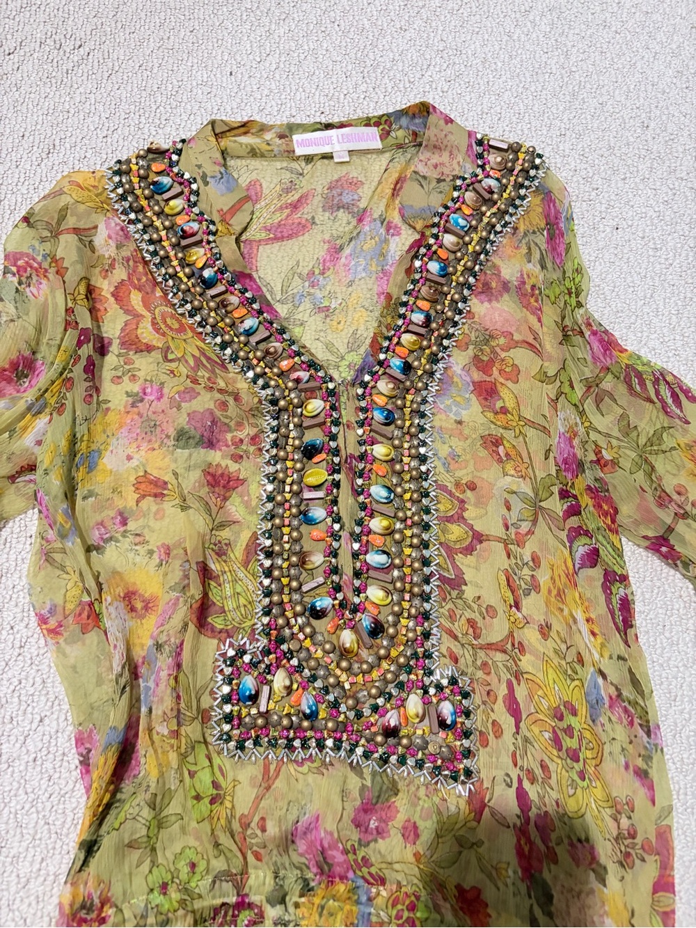 Monique Leshman Floral Crystal Beaded Tunic Mini Dress Size M